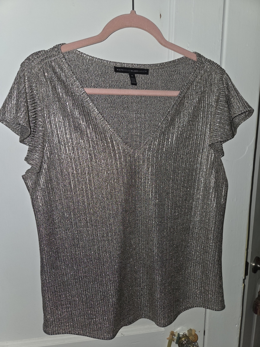 WHBM Silver V-Neck Metallic Knit Top